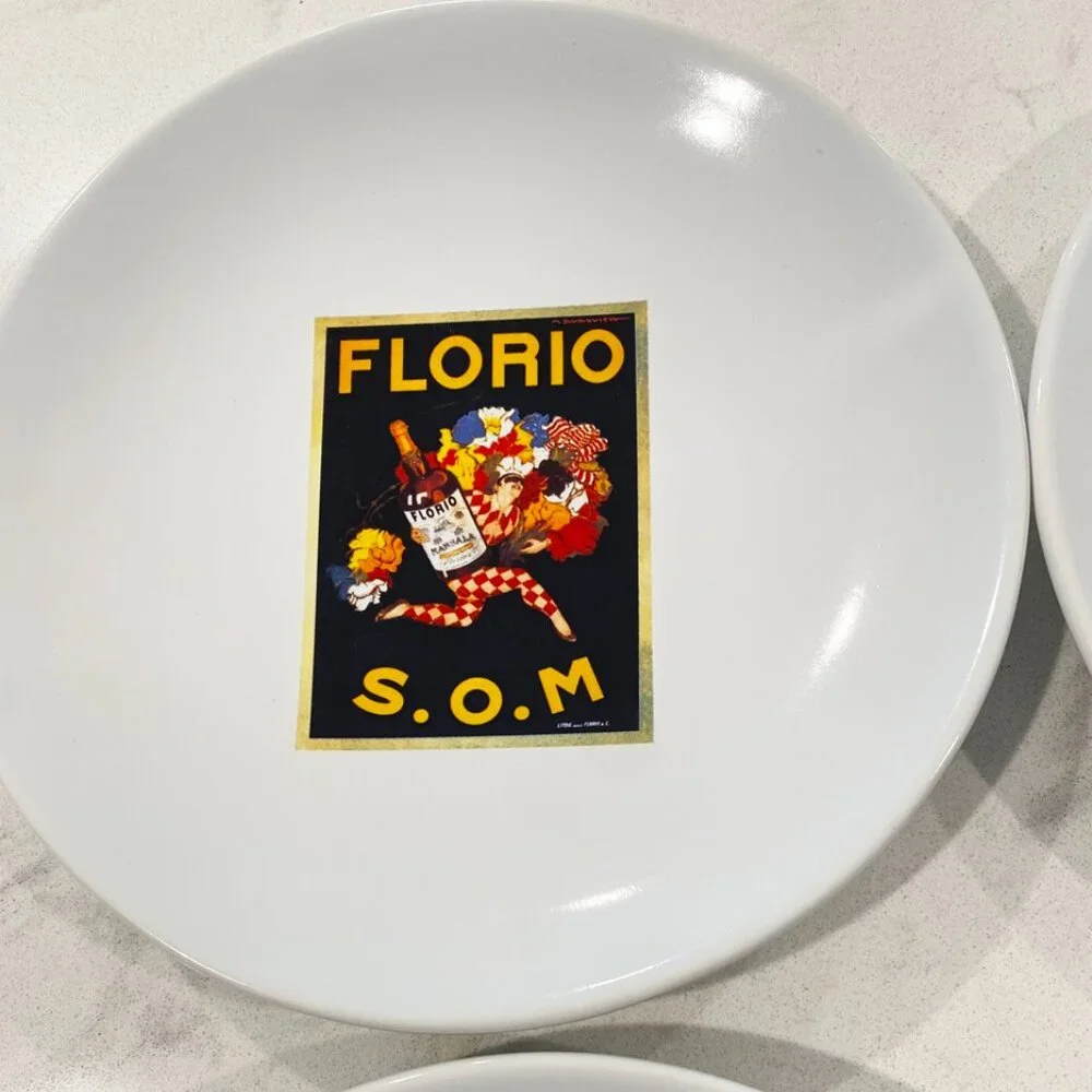 Pottery Barn  VINTAGE POSTERS Set of 4 Plates Canape Cocktail 8"  Appetizer - Picture 2 of 8